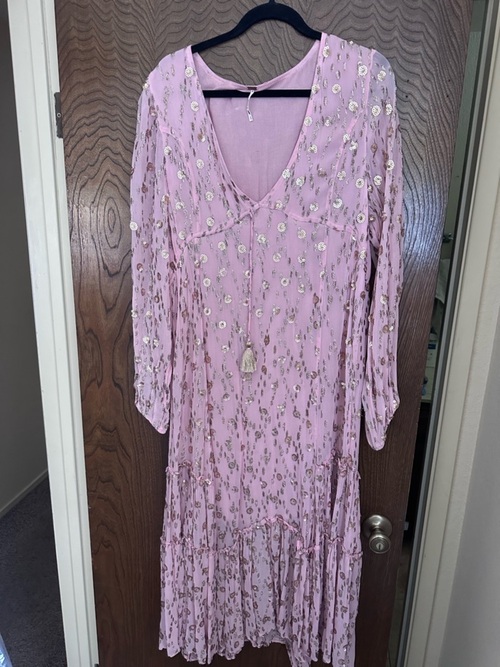 Pink V-Neck Metallic Accent Midi Dress